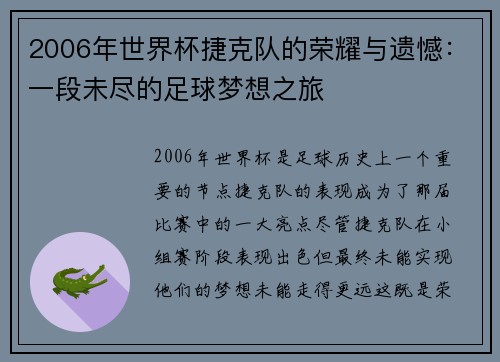2006年世界杯捷克队的荣耀与遗憾：一段未尽的足球梦想之旅