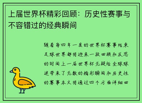 上届世界杯精彩回顾：历史性赛事与不容错过的经典瞬间