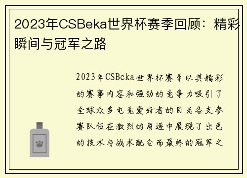 2023年CSBeka世界杯赛季回顾：精彩瞬间与冠军之路
