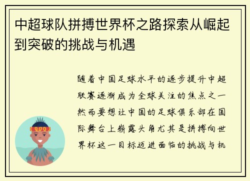 中超球队拼搏世界杯之路探索从崛起到突破的挑战与机遇