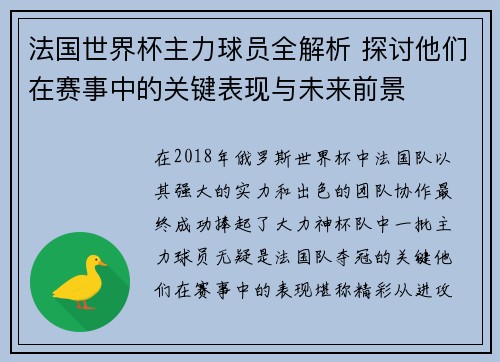 法国世界杯主力球员全解析 探讨他们在赛事中的关键表现与未来前景